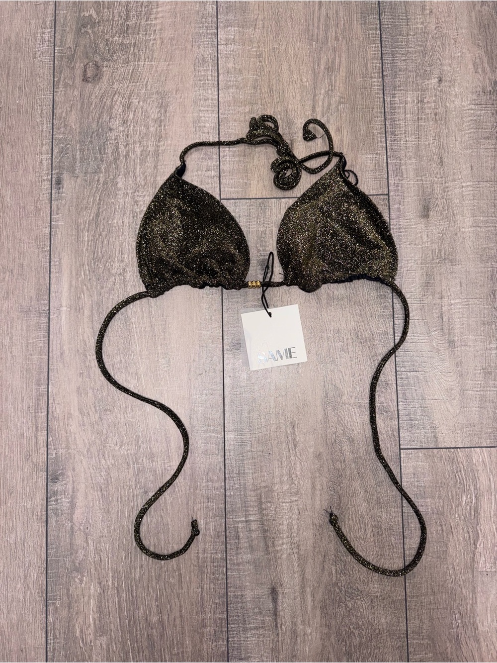 SAME Beaded String Black Shimmer Lurex Metallic Gold Triangle String Bikini - Picture 3 of 5